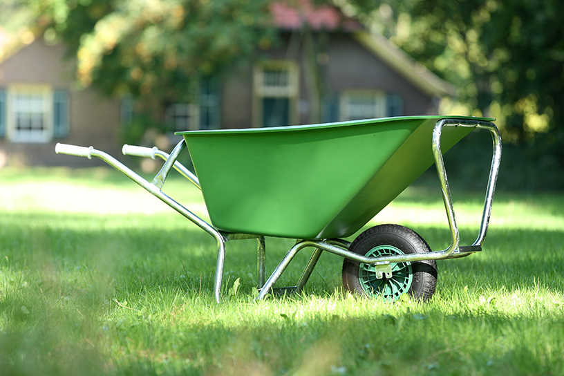 Een kruiwagen in het gras